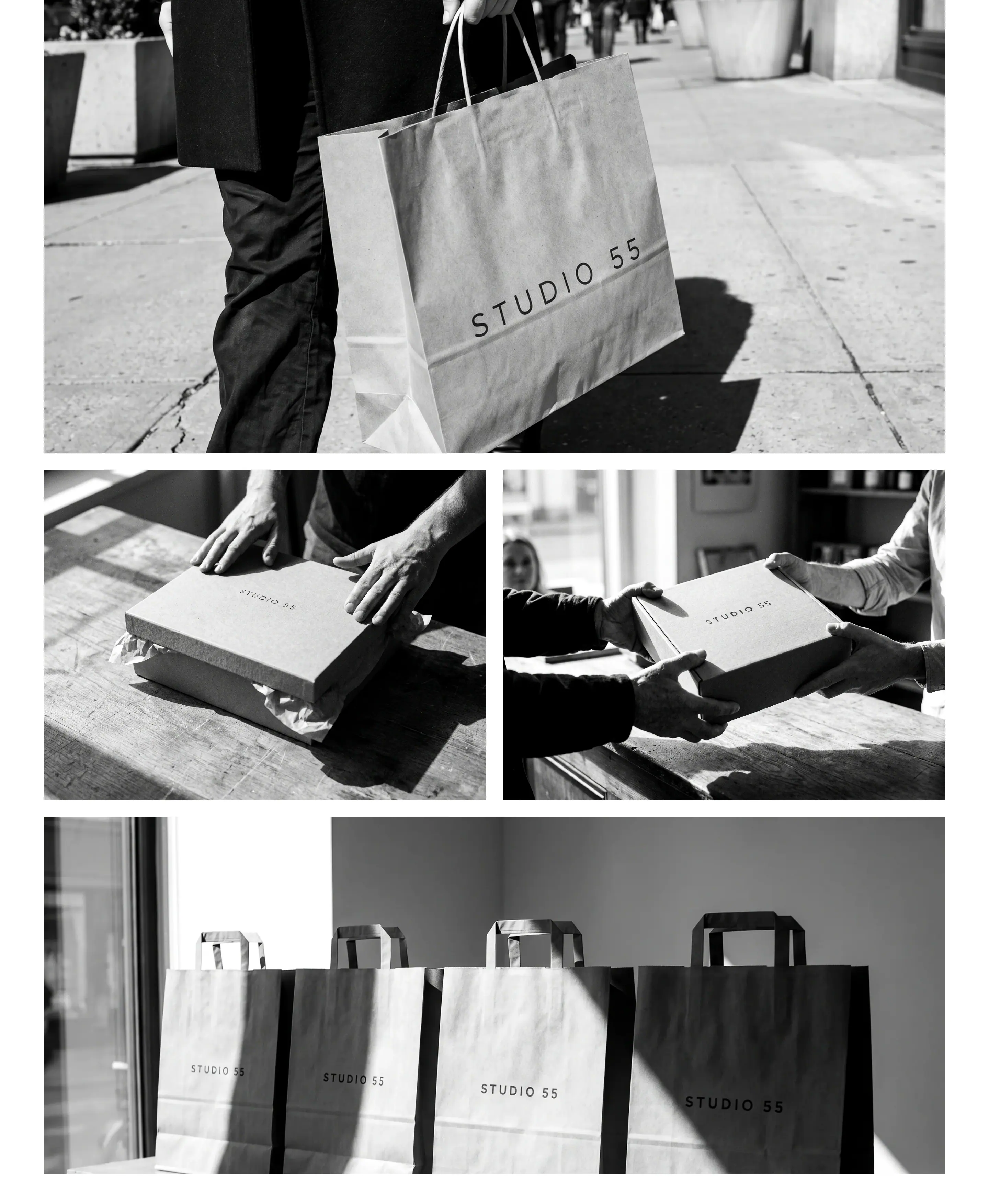 The bag carried on the street, the box closed on the bench, and four bags on the counter