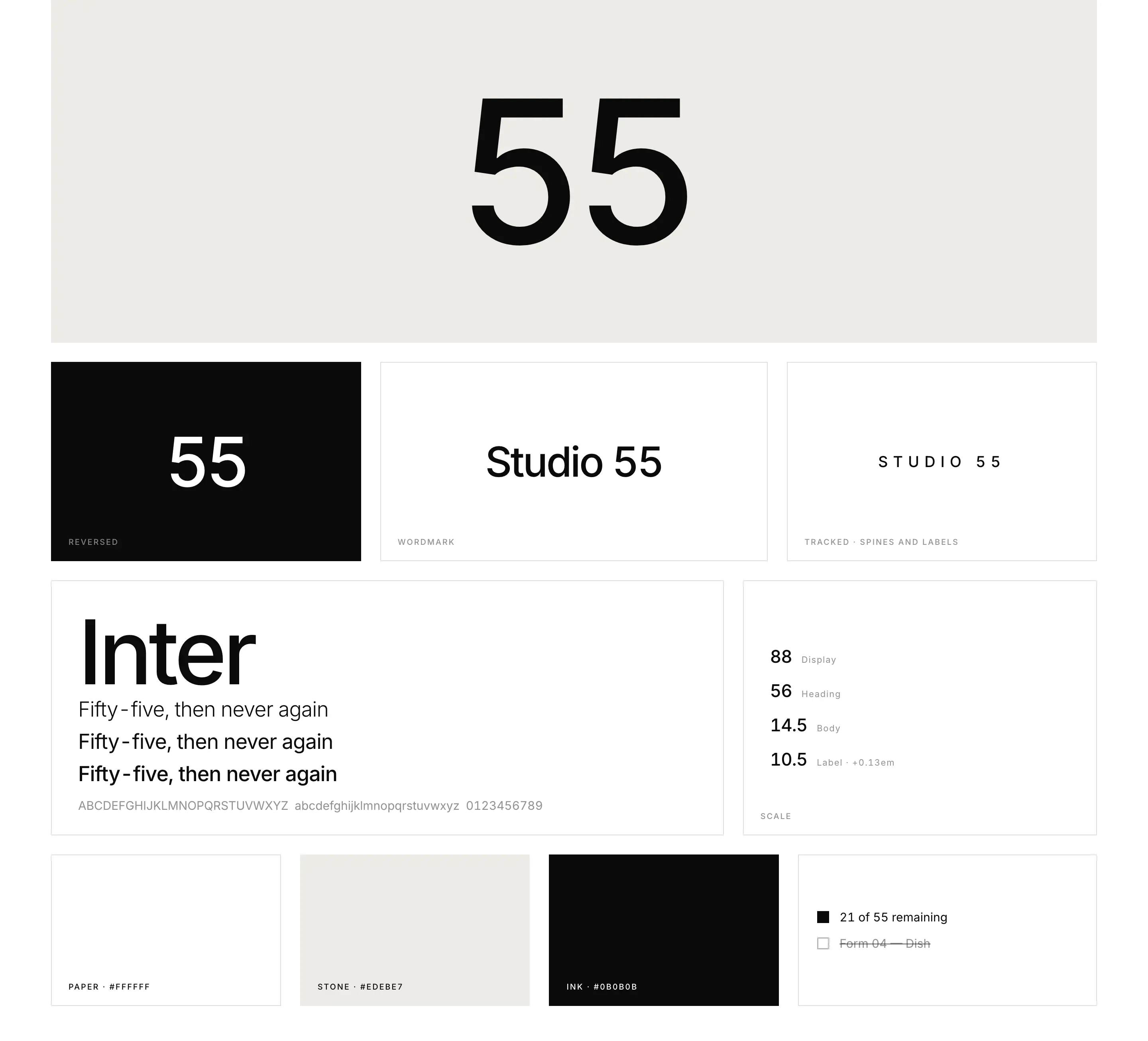Mark, wordmark, typeface and colour on one sheet