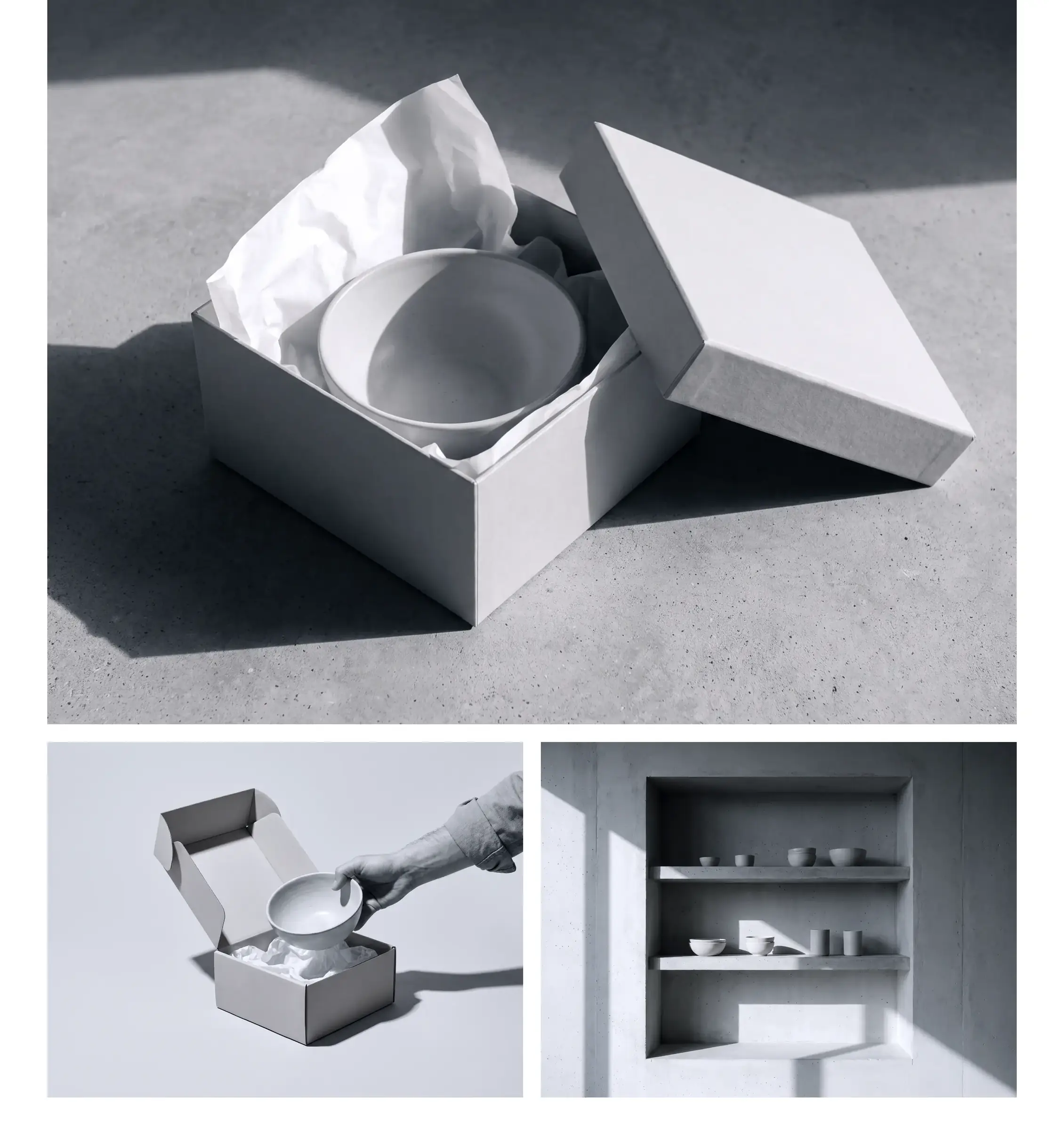 The box opened, a piece lifted out, and the shelf it goes to