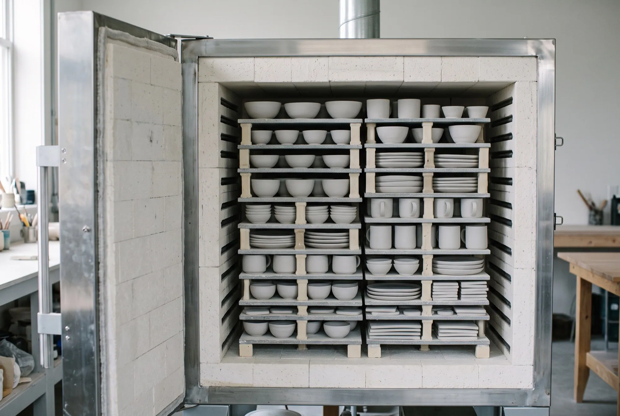 An open kiln packed with unglazed pieces