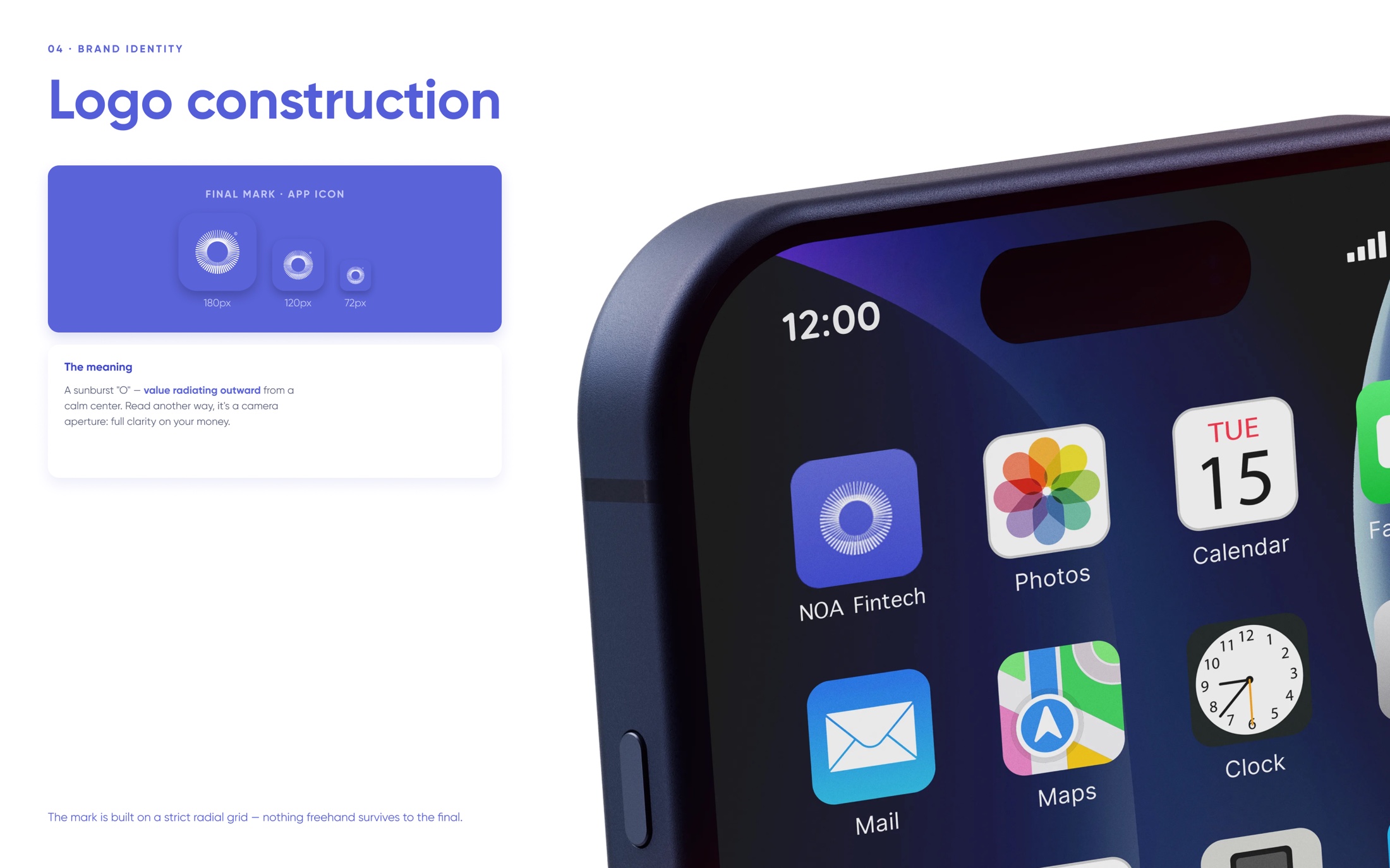 Brand identity — logo construction and the app icon on the home screen
